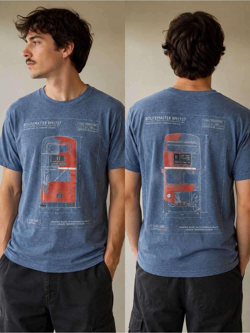 Men's Gray Graphic Tee with Red Bus Illustration